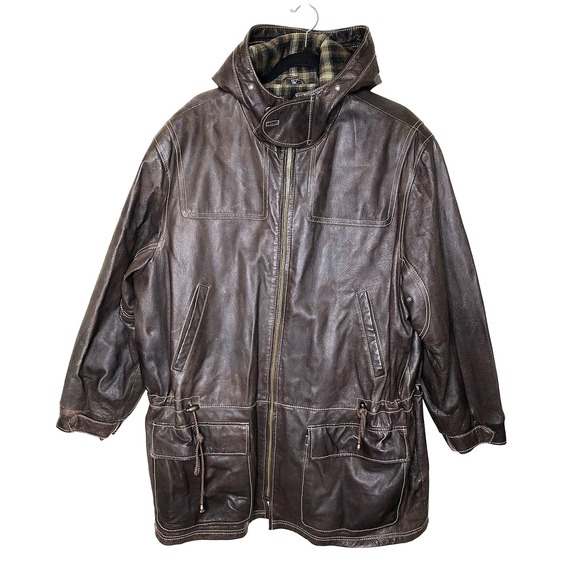 VTG Scandia Woods Brown Leather Hooded Parka Jacket XXL Full Zip Pockets Lined - Picture 2 of 16